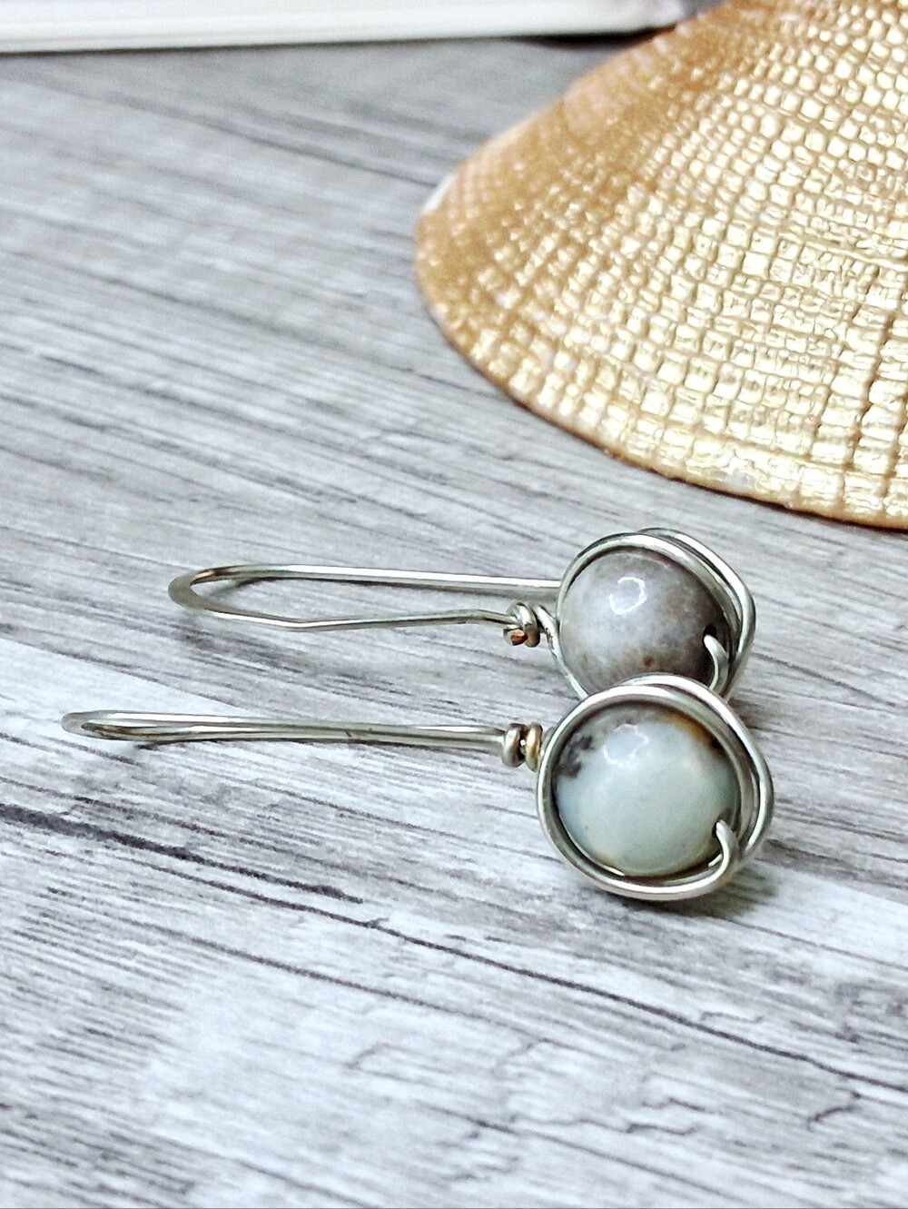 Hammered Wire Wrapped Amazonite Gemstone Dangle Earrings, 1.5"